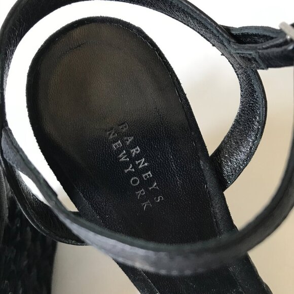 Barneys New York Fania Wedge Sandals Womens 38 8 Black Leather Espadrille Shoes - Picture 5 of 8